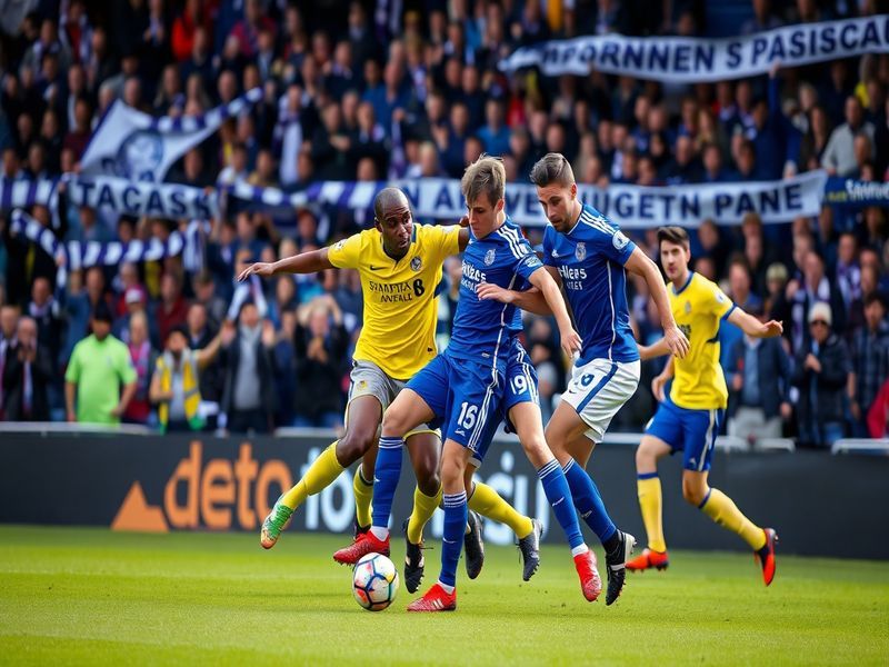 A vibrant football match scene showcasing St. Johnstone and Queen's Park players in action, with fans in the stands celebrati