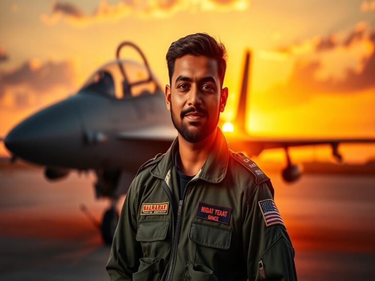 A dynamic action shot of Abhinandan Singh sprinting on a red track during a race, wearing India’s blue and white athletic uni