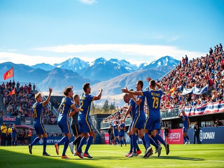 A vibrant scene of a Denver Summit FC soccer match with players in action, fans cheering in the stands, and the picturesque D