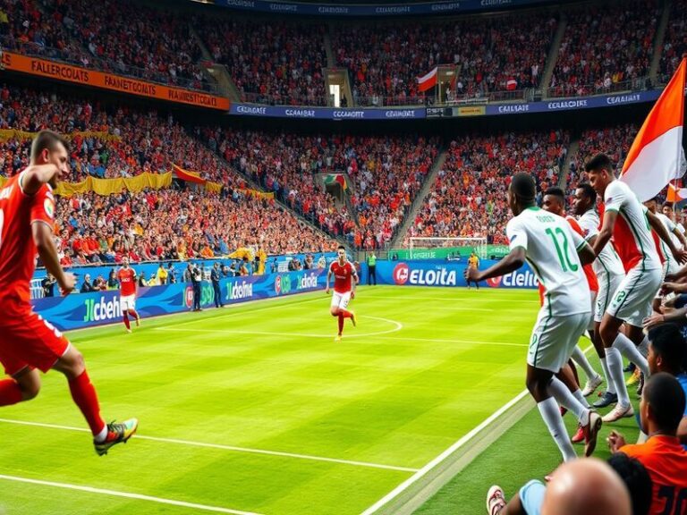 An action shot of South Korean and Ivorian players competing for the ball during a football match, showcasing intense focus a