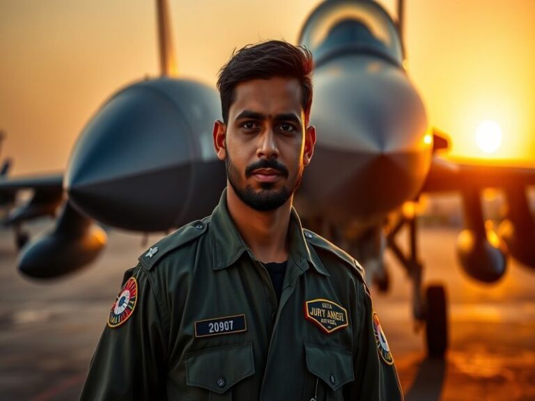 A portrait of Abhinandan Singh in his pilot uniform, exuding confidence and determination, set against a backdrop of an India