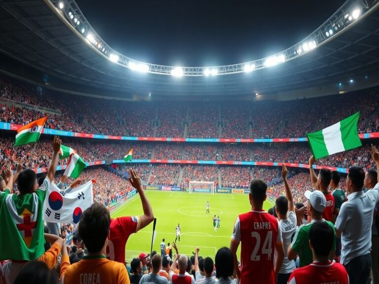 A vibrant stadium scene showing South Korean and Ivorian players mid-match, with South Korean fans in red and Ivorian fans in