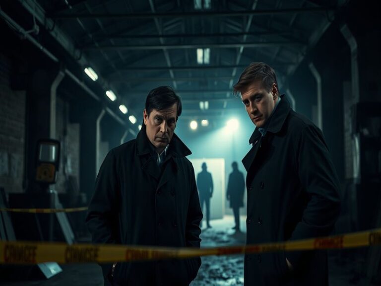 A dark, atmospheric scene featuring a detective in a rain-soaked city, hinting at mystery and intrigue.