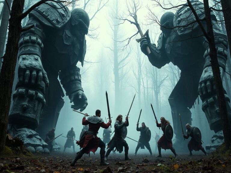 An epic illustration of a warrior facing a giant in a dramatic landscape, showcasing tension and determination.