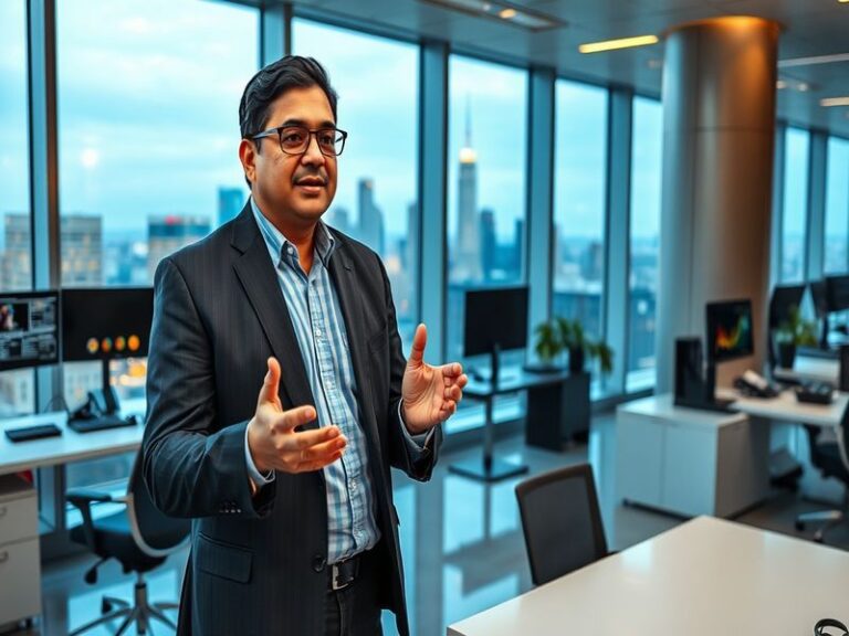 A professional portrait of Salil Arora in a modern office setting, surrounded by dual monitors displaying data dashboards and