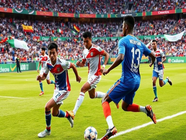 A dynamic scene from the match showing players in action, with a packed stadium backdrop and fans cheering enthusiastically.