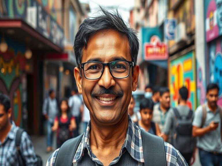 A dynamic portrait of Salil Arora in a modern studio setting, surrounded by digital screens displaying his projects. The mood