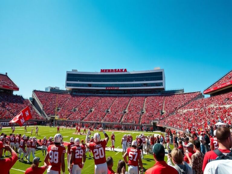 A vibrant scene from the Nebraska Spring Game at Memorial Stadium, showcasing fans in red and white, players in action, and a