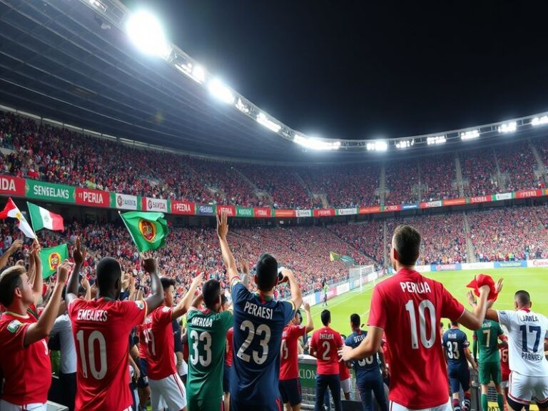A dynamic image capturing the intensity of the Senegal vs Peru match, featuring players in action, vibrant team colors, and e