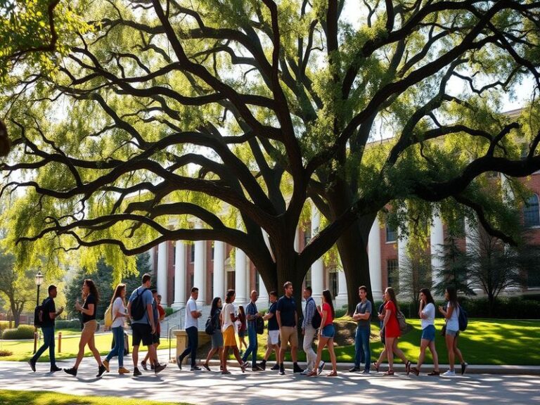 A vibrant campus scene at Lander University, showcasing students engaged in various activities, surrounded by lush greenery a