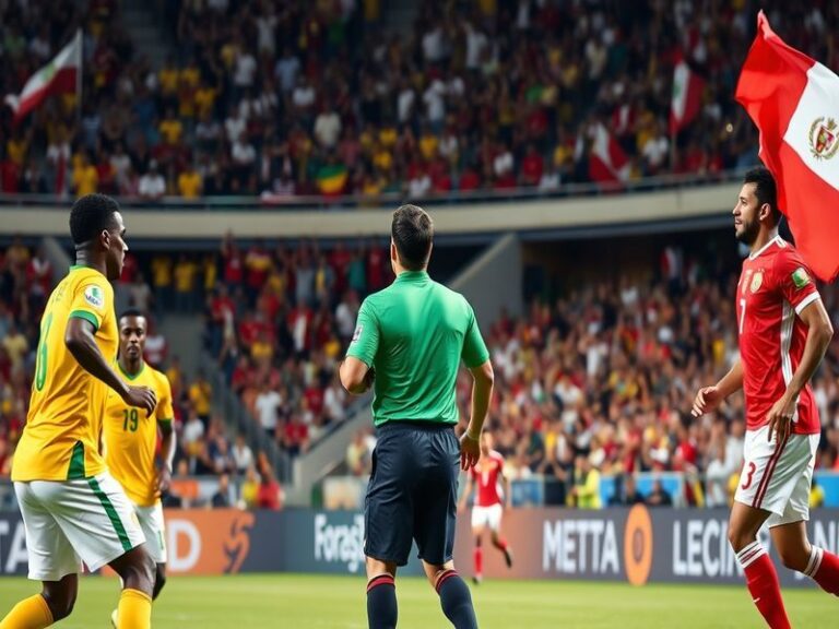 An action shot from a Senegal vs Peru match, showcasing players in dynamic motion, with fans cheering in the background.