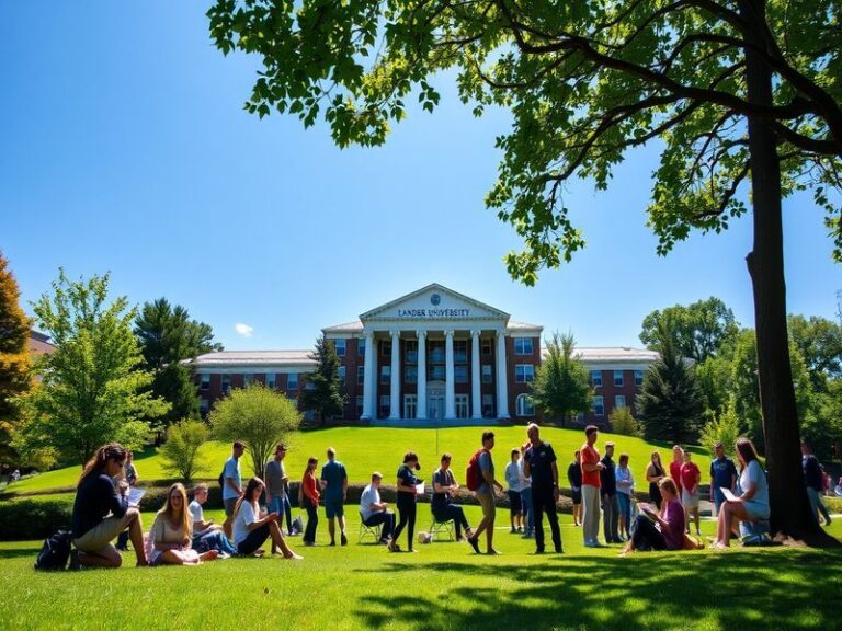 A picturesque view of Lander University's campus, showcasing students engaging in campus activities with trees and buildings