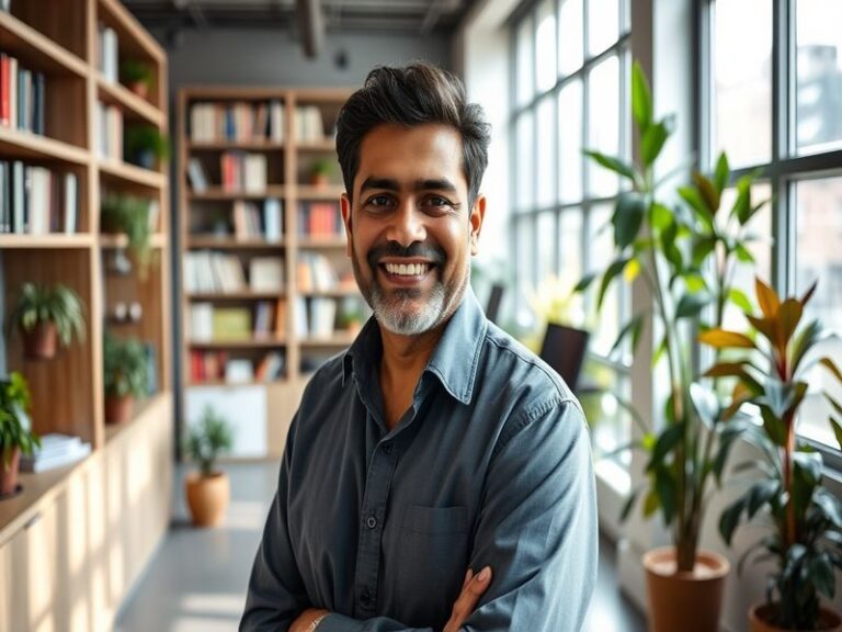 A professional portrait of Salil Arora in a modern office setting, showcasing technology elements in the background, conveyin