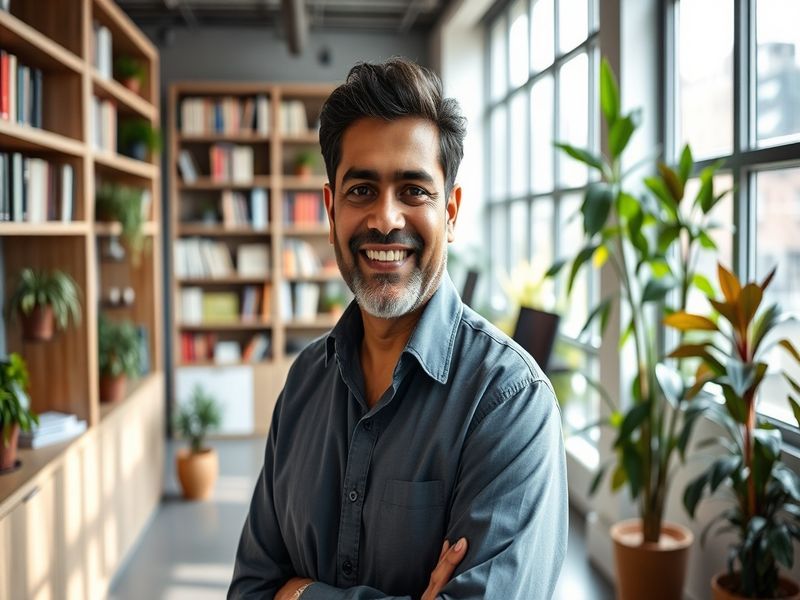 A professional portrait of Salil Arora in a modern office setting, showcasing technology elements in the background, conveyin