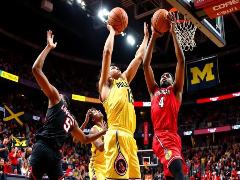 A split-screen image showing the 2013 NCAA Championship game between Louisville and Michigan, with the scoreboard displaying