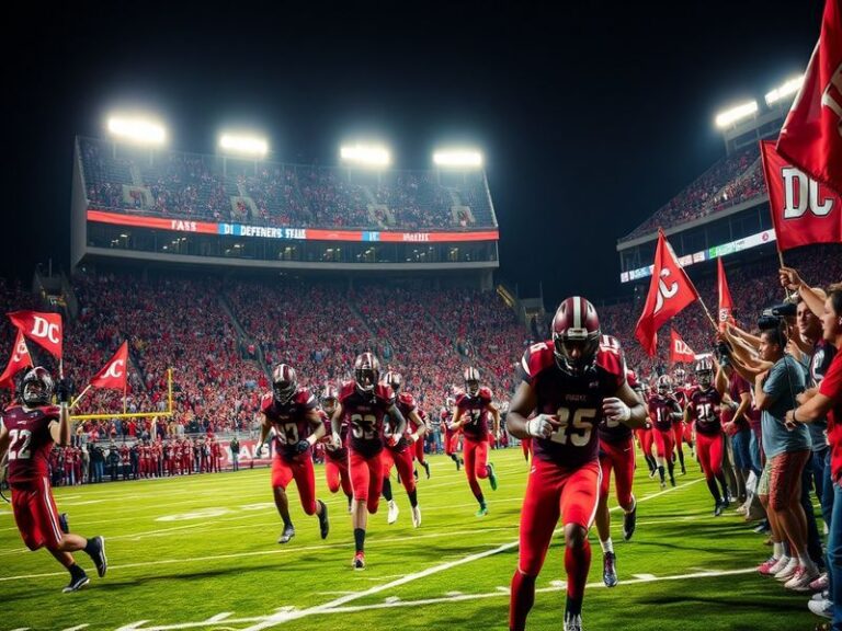 A vibrant image of the DC Defenders' players celebrating a touchdown at Audi Field, showcasing their team colors and the enth