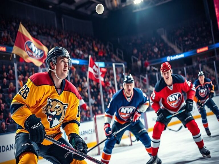 A dynamic hockey scene featuring the Florida Panthers and New York Islanders in an intense game, showcasing players in action