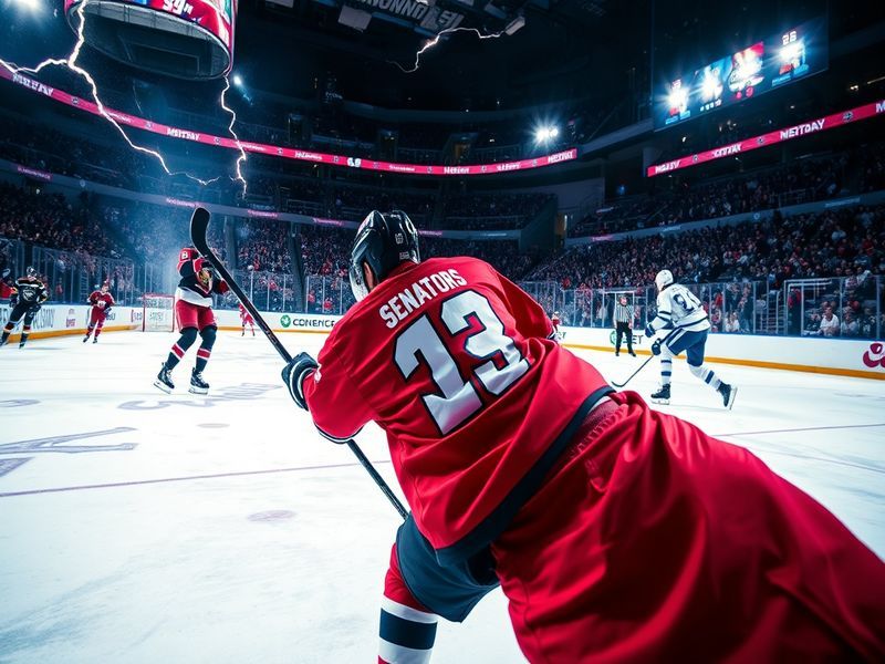 An intense hockey game scene showcasing players from the Senators and Lightning in action, with fans cheering in the backgrou