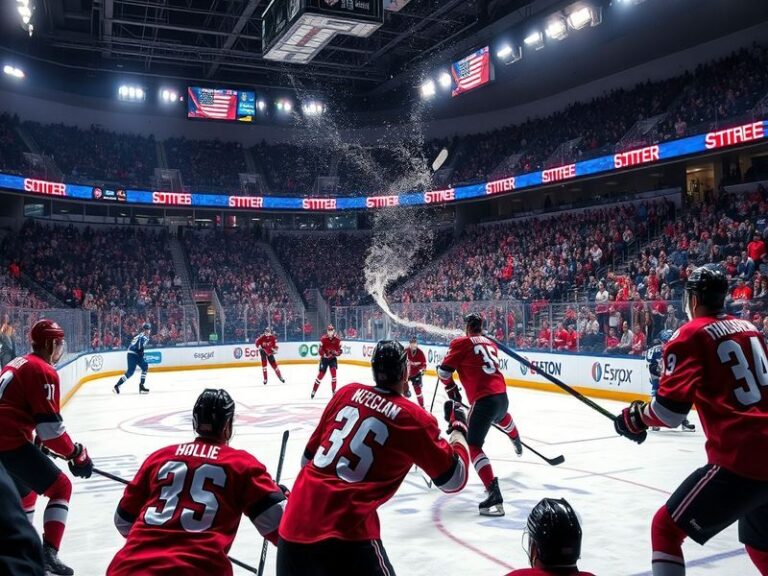 A high-energy NHL game between the Ottawa Senators and Tampa Bay Lightning, featuring Brady Tkachuk battling Victor Hedman in