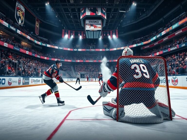 A dynamic hockey scene depicting the Florida Panthers and New York Islanders facing off, showcasing players in action with fa