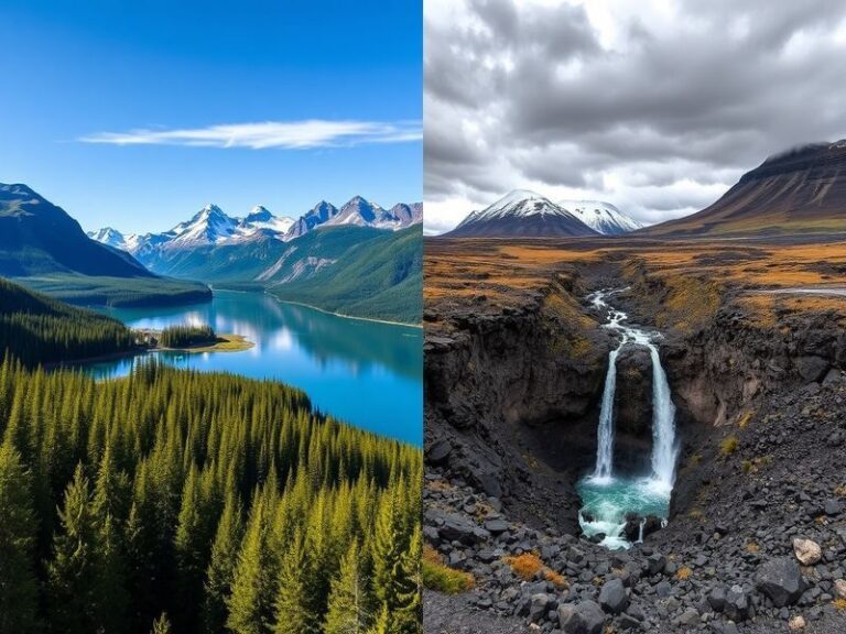 A split image showcasing the natural beauty of Canada with its mountains and forests on one side and Iceland's volcanic lands