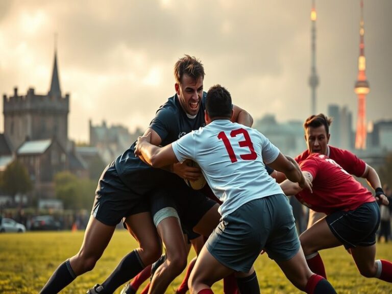An action shot of a rugby match between Scotland and Japan, showcasing players in vibrant jerseys, with a packed stadium in t