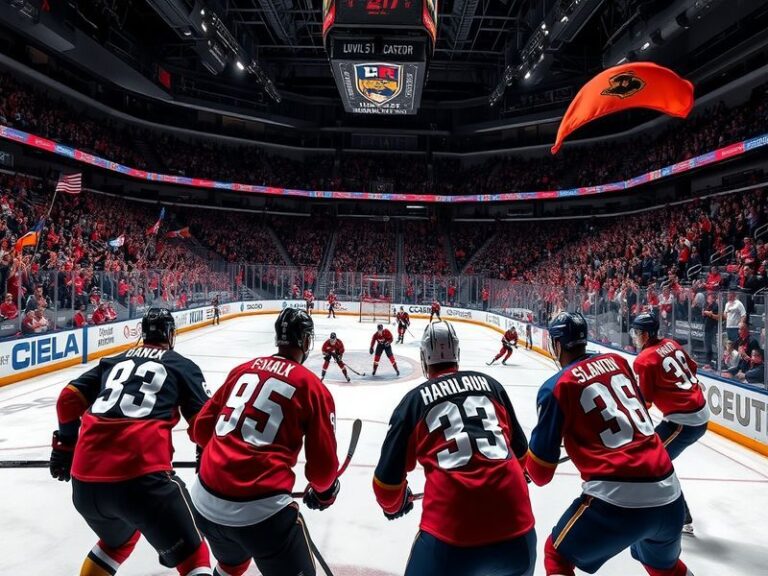 A dynamic action shot of a Panthers vs Islanders game, showcasing players in motion on the ice, with fans cheering in the bac