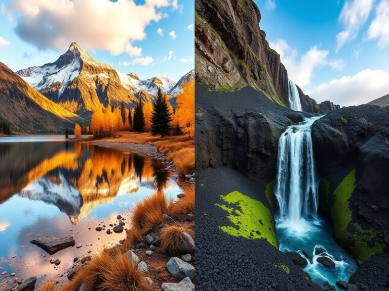 A split image showcasing Canada's lush forests and Iceland's dramatic volcanic landscapes, symbolizing the unique characteris
