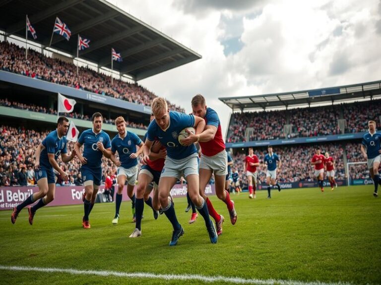 A vibrant scene from a Scotland vs Japan match, featuring players in action with flags waving in the background, capturing th