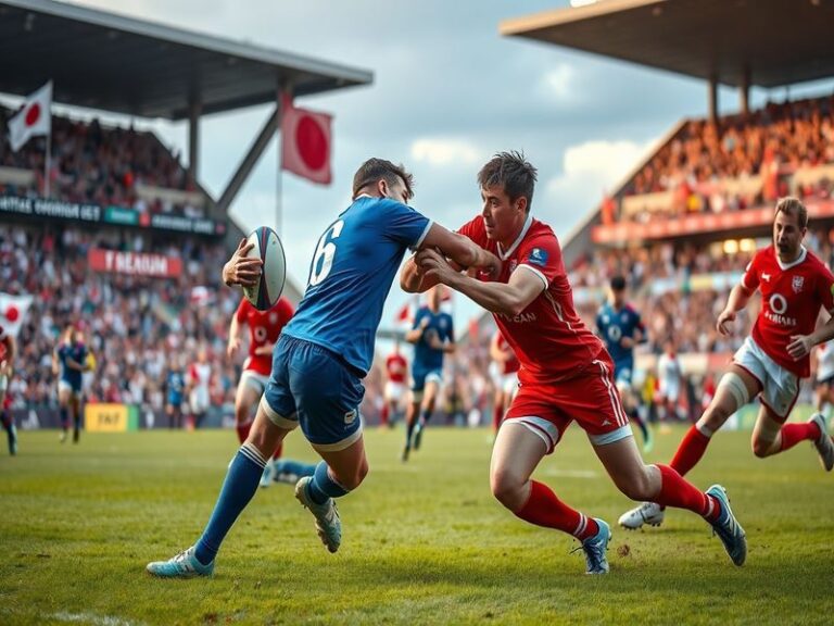 A dynamic image of a rugby match between Scotland and Japan, showcasing players in action, with vibrant team colors and an en