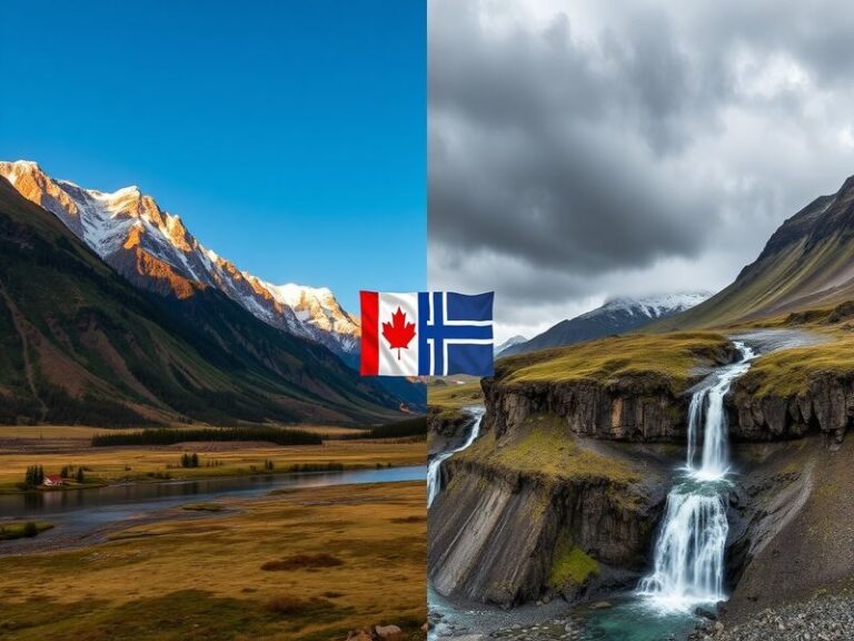 A scenic view showcasing the contrast between Canada's lush forests and Iceland's volcanic landscapes, highlighting the natur