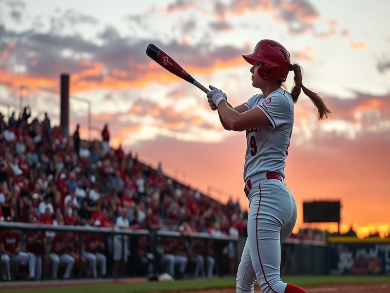 A dynamic shot of the OU softball team celebrating on the field during a championship game, with the stadium lights glowing a