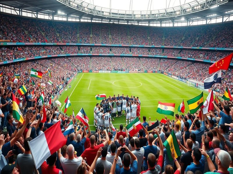 An image depicting a vibrant stadium filled with cheering fans, showcasing flags from various countries, symbolizing the unit