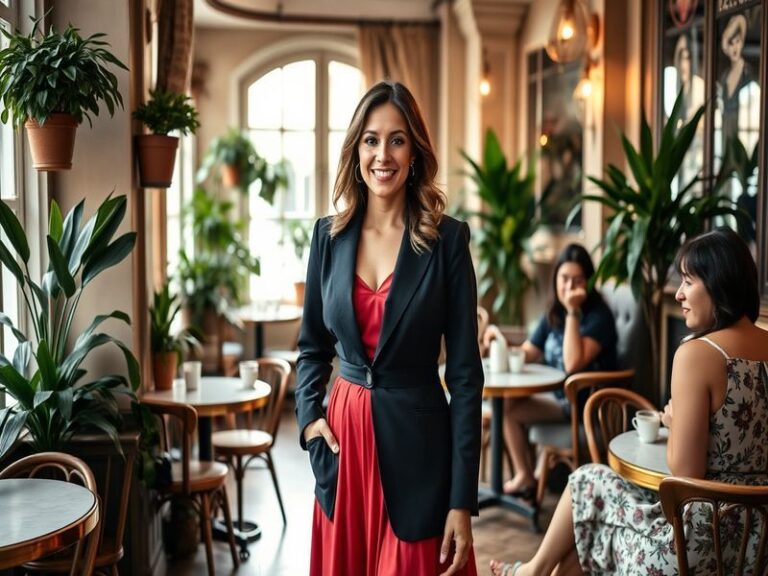 A vibrant portrait of Samia Longchambon smiling at a public event, showcasing her engaging personality and style.