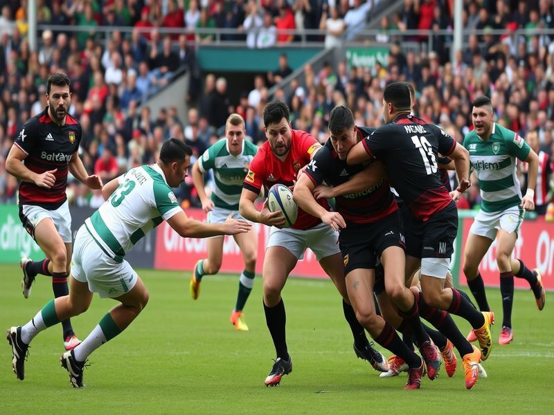An action-packed scene from a Saracens vs Northampton match, showcasing players in dynamic poses, vibrant team colors, and an