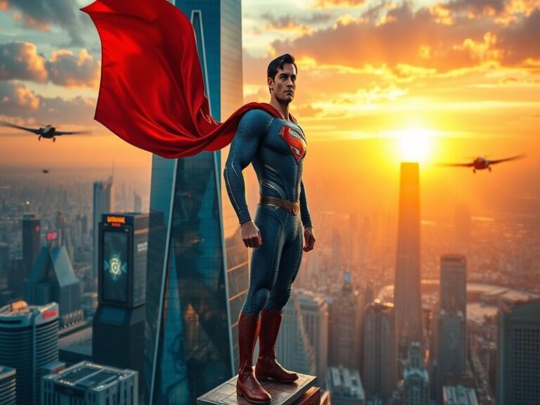 An image depicting Superman soaring above Metropolis, showcasing a blend of classic and modern design elements, with a dynami