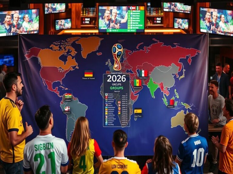 A vibrant scene of a soccer stadium filled with fans from different nations, showcasing flags, colors, and the excitement of