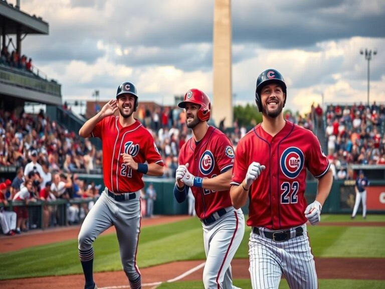 A vibrant scene of a baseball game between the Nationals and Cubs, showcasing enthusiastic fans, players in action, and the i