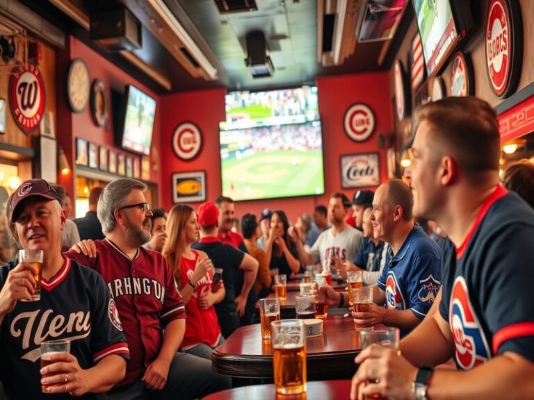A vibrant sports bar filled with fans watching a baseball game on multiple screens, showcasing excitement and camaraderie.