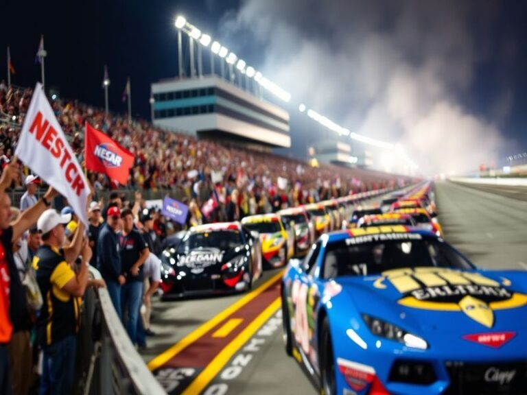 A vibrant image of a NASCAR qualifying event, showcasing cars on the track with fans in the stands, capturing the excitement