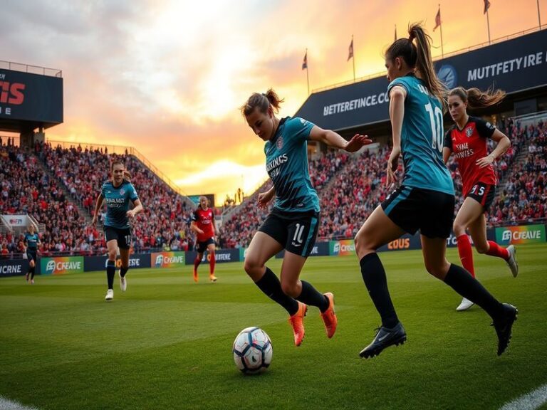 An action-packed scene from a match between Kansas City Current and Portland Thorns, capturing players in motion, vibrant tea