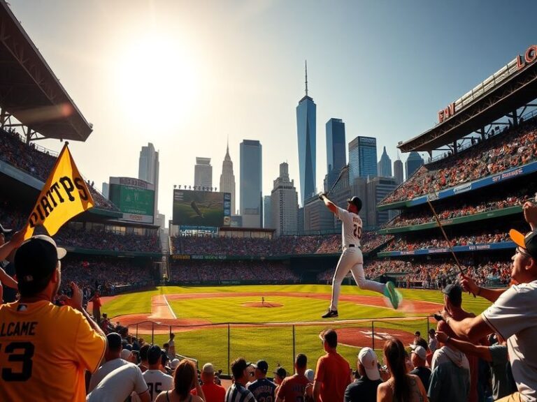 A split-screen image featuring a vintage Pirates vs. Mets game on the left and a modern matchup at PNC Park and Citi Field on