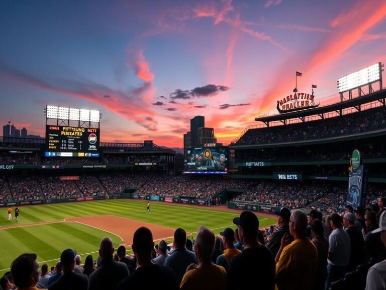 A split-screen image showing PNC Park in Pittsburgh with fans in black-and-gold gear on one side, and Citi Field in New York