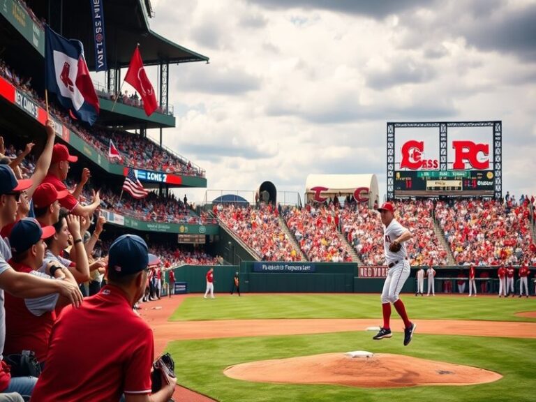 A dramatic scene from a Red Sox vs. Reds game, showcasing players in action, fans cheering, and the iconic ballpark setting.