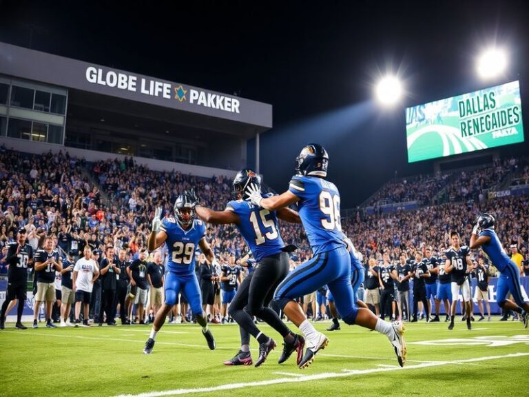 A dynamic action shot of the Dallas Renegades mid-game at Globe Life Park, showcasing players in red and black uniforms, a pa