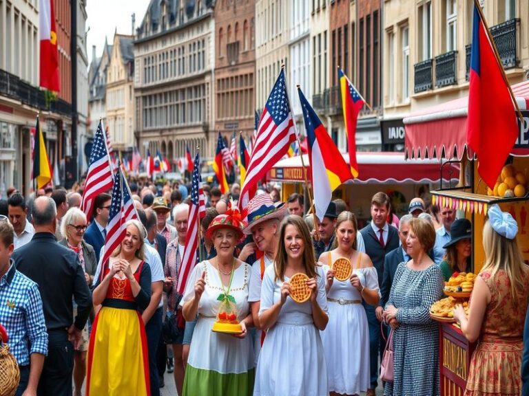 Un collage que muestra elementos culturales de Bélgica y Estados Unidos, incluyendo cerveza, chocolate y futbol, representand