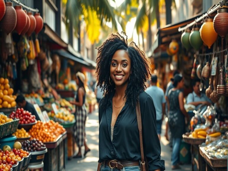 A vibrant performance scene featuring Bruna Brasil on stage, surrounded by colorful lights, capturing her energetic presence