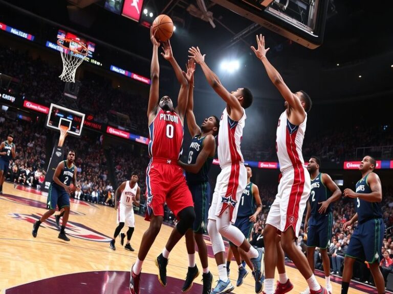 A fast-paced NBA game between the Detroit Pistons and Minnesota Timberwolves, featuring Cade Cunningham driving to the basket