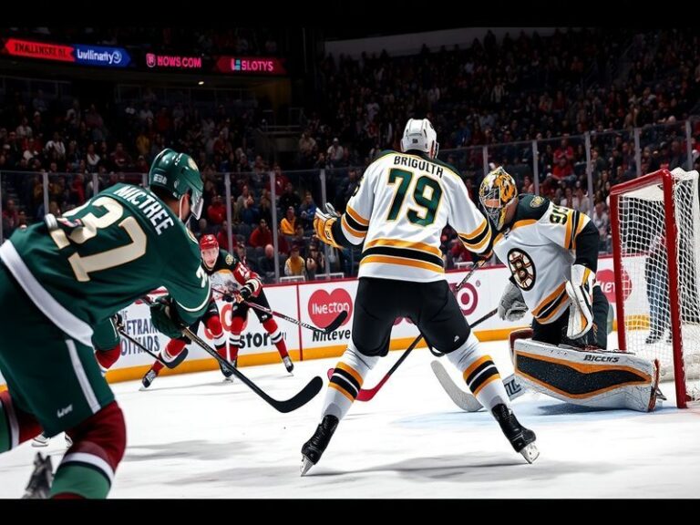 An action shot of a Wild vs Bruins game, showcasing players in motion, a packed arena, and the intensity of the rivalry.