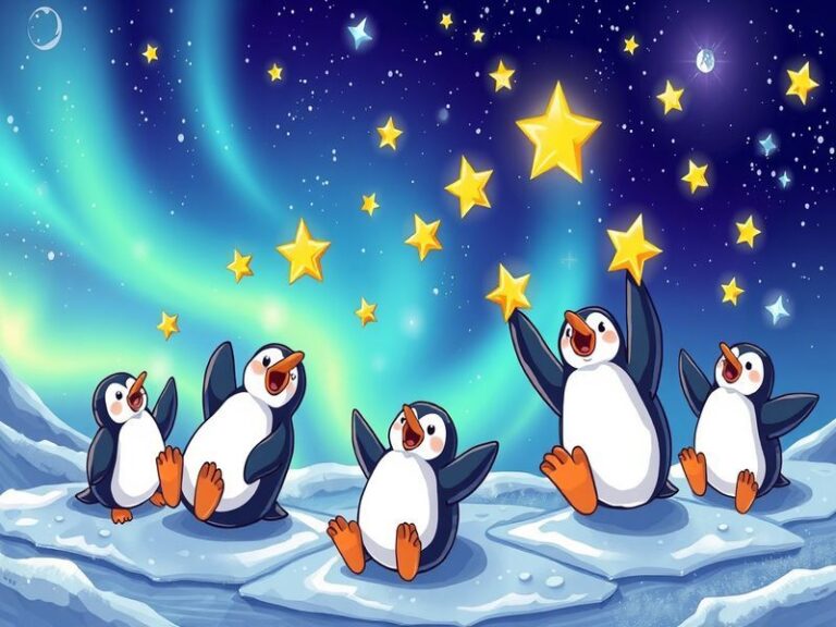 A split image featuring a starry night sky on one side and a group of penguins huddled together on an icy landscape on the ot